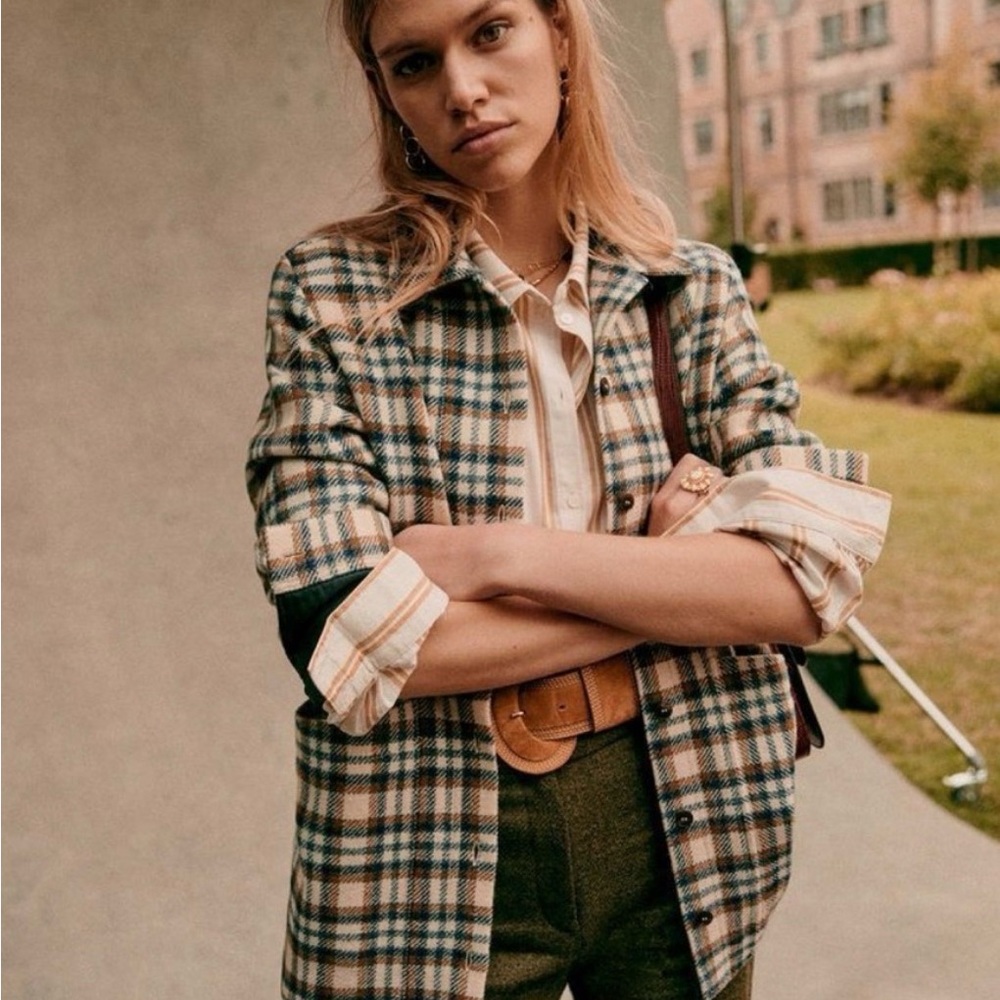 Sezane Plaid Wool Will Jacket in Cream, Brown & Navy